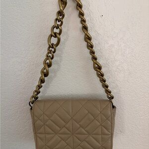 Zara Quilted Taupe Shoulder Bag with Brass Chunky Chain Strap